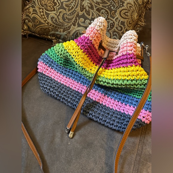 Lauren Ralph Lauren Crochet Straw Debby Drawstring Colorful Crossbody Bucket Bag - Picture 9 of 12